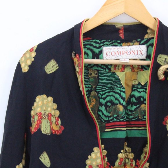 Vintage COMPONIX Cardigan Jacket Womens Black Art Graphic Open Front Size 8 USA - Picture 3 of 9